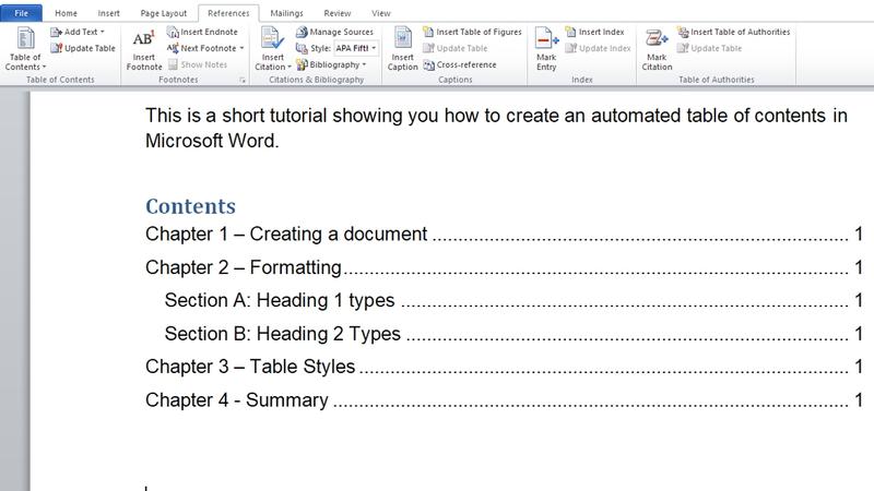 table of contents for word mac